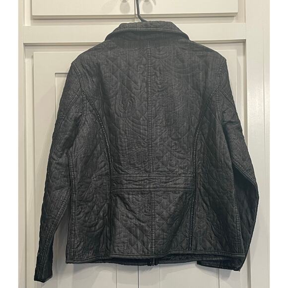 Chico's Charcoal  Black Floral Quilted Jacket Blazer 3/XL Faux Leather accents - Picture 2 of 13